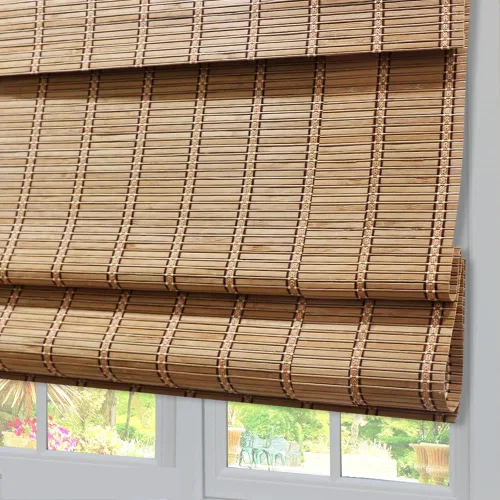 Vista 3 de Cortinas romanas de madera para ventana, cortinas de bambú opacas forradas, fácil instalación para el hogar y el jardín, patrón 1