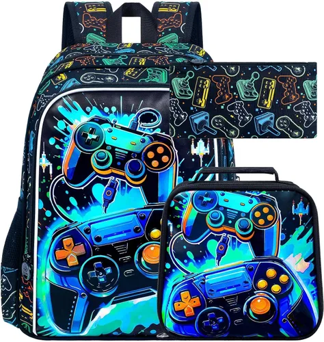 Vista 15 de gxtvo Mochila para niños de 3 piezas, 16 pulgadas con lonchera, resistente al agua, para preescolar, Astronauta Cohete Azul, Tamaño único, Impresión