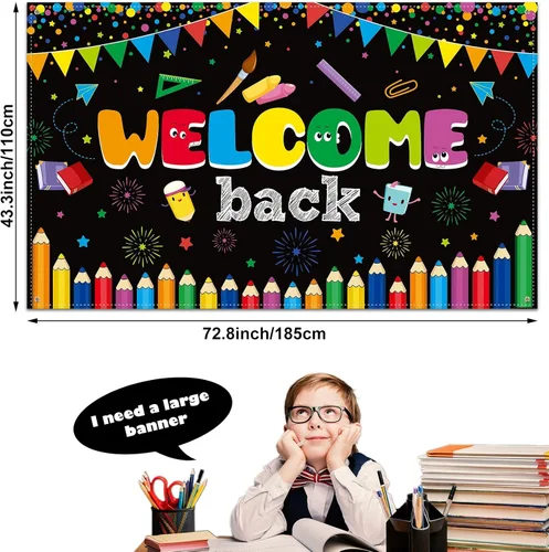 Vista 2 de Tatuo Cartel de bienvenida de vuelta a la escuela, cartel grande de tela para el primer día de escuela, cartel de bienvenida, tablón de anuncios