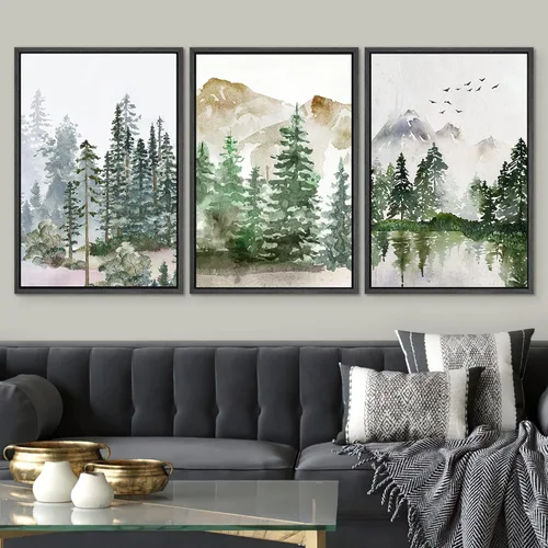 Vista 2 de SIGNWIN Lienzo enmarcado para pared, juego de arte pastel con cadena montañosa, bosque, niebla, naturaleza silvestre, ilustraciones modernas, arte