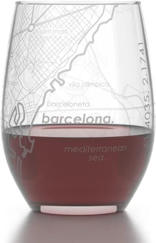 Vista 2 de Well Told Copa de vino grabada con mapa de España de Barcelona sin tallo, copa de vino grabada con mapa de la ciudad, regalo para los amantes