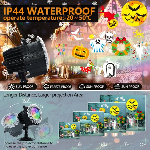 Vista 4 de Proyector de luces de Navidad para exteriores, 8 modos de imágenes, proyector de luces de Navidad con 96 dibujos animados, proyector de vacaciones