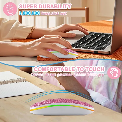 Vista 7 de Ratón inalámbrico Bluetooth lindo rosa brillante cristal Rhinestone ratón de computadora con luz LED 2.4GHz y Bluetooth Dual Mode recargable