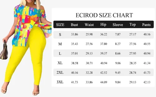 Vista 4 de Ecirod Conjunto de 2 piezas de verano para mujer, con un hombro, estampado floral, parte superior con abertura alta, conjunto de leggings