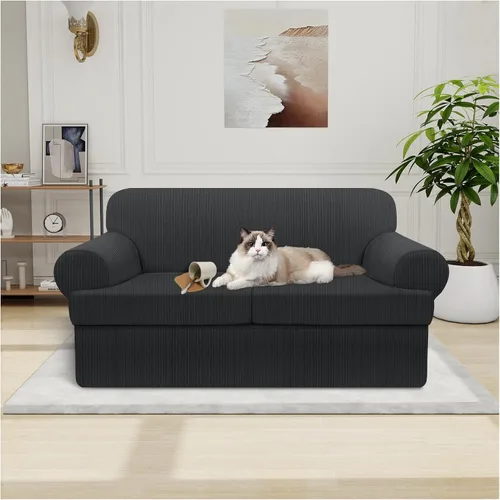 Vista 48 de Funda impermeable para silla con brazos, juego de 2 piezas, funda a rayas para 1 sofá separado con cojín en T, fundas de sillón de tela