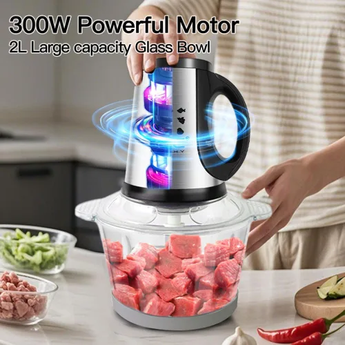 Vista 2 de Procesador de alimentos, picadora de carne pequeña, potente picadora de alimentos de 300 W, picadora eléctrica de verduras con 2 cuencos