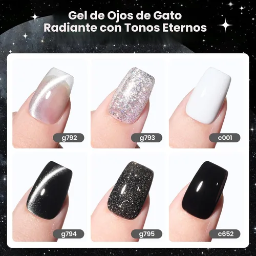 Vista 3 de Beetles - Juego de esmaltes de gel blanco y negro, 6 colores plateados, ojo de gato, purpurina brillante con imán, arte de uñas UV LED, hogar, salón