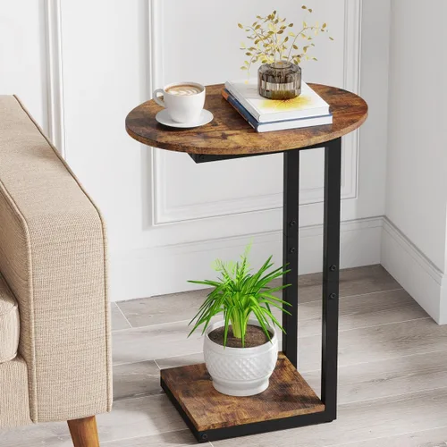 Vista 12 de Hosfais Mesa Auxiliar Pequeña, Mesa de Extremo en Forma de C, Mesa de Café de Madera para TV, Bandeja para Comer, Mesas para Sofá de Espacios Negro
