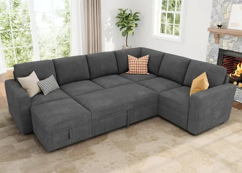 Vista 14 de HONBAY Sofá cama modular, sofá cama modular de pana extraíble con almacenamiento, sofás seccionales en forma de U para sala de estar, color azul