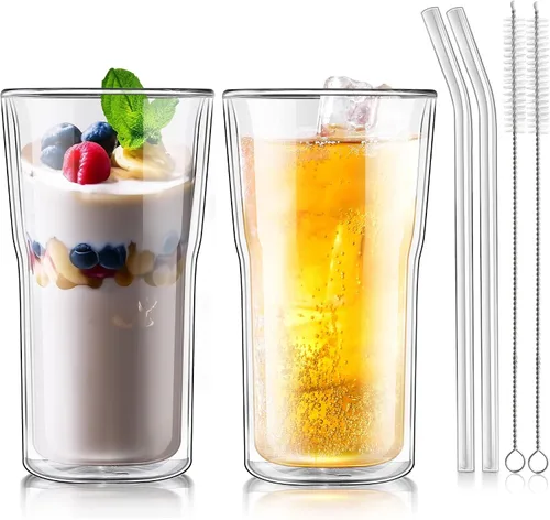 Vista 9 de Joeyan Vaso aislado de doble pared, vasos de vidrio de cóctel de cerveza de 15 onzas, vasos altos para beber, batido de borosilicato de doble forro