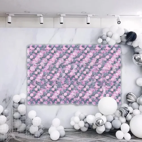 Vista 2 de OUKANING Paquete de 6 paneles de pared de flores de seda con rosas de seda, telón de fondo de pared de flores artificiales para interiores y Morado