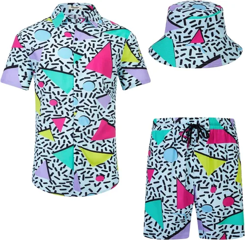 Vista 22 de EISHOPEER Conjunto hawaiano de flores para hombre, camisa de manga corta y pantalones cortos, trajes con sombreros de pescador