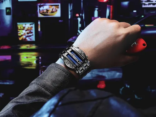 Vista 5 de Binary Matrix Blue led - Reloj Digital para hombre, moda clásica y creativa, color negro chapado