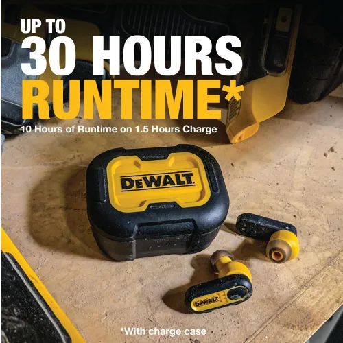 Vista 5 de DEWALT Auriculares inalámbricos con estuche de carga y funda protectora de alta resistencia, auriculares Bluetooth con batería de 30 horas, sensor