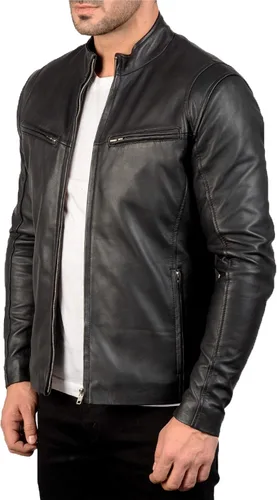 Vista 5 de Chaqueta Moto de cuero negro Hombres - 6 - Chaqueta de cuero Cafe Racer Chaqueta de cuero de piel de cordero real para hombre