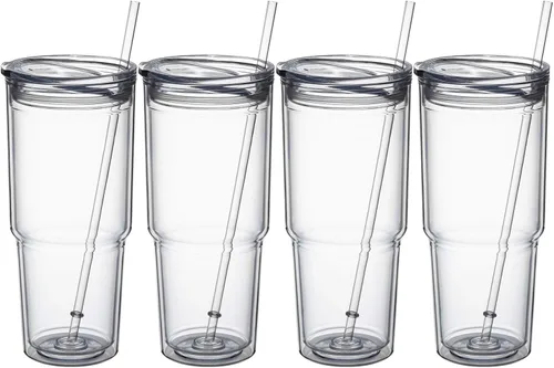Vista 8 de MEWAY 2 vasos aislados clásicos de 30 onzas, vaso acrílico de doble pared con tapa, vasos aislados de plástico reutilizables con popote