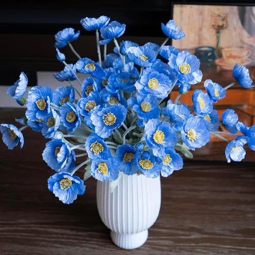 Vista 5 de DUYONE Flores artificiales 6 tallos ramo de seda de amapola, para boda, hogar, decoración de fiesta, arreglo de centro de mesa (azul)