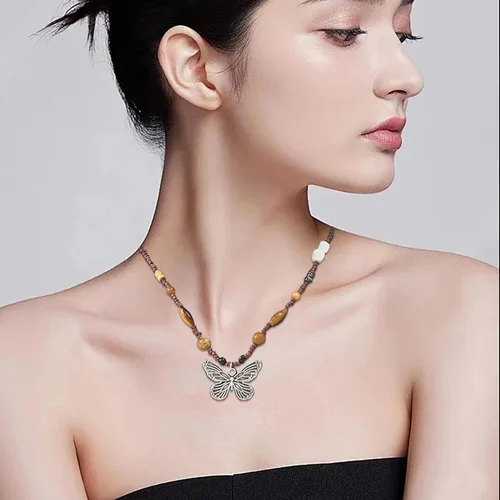 Vista 3 de Western Region - Collar con cuentas de mariposa de león, piedra natural, retro, con cuentas para mujer, 17.71 pulgadas