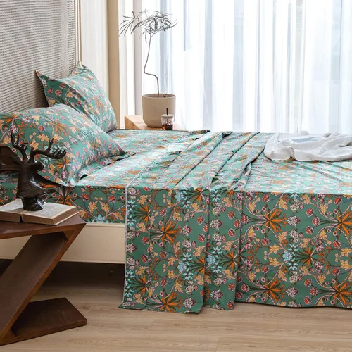 Vista 12 de QSH 100% Sábanas de algodón para cama tamaño Queen - Estampado floral azul de plantas patrón botánico lujoso de algodón estampado floral ropa