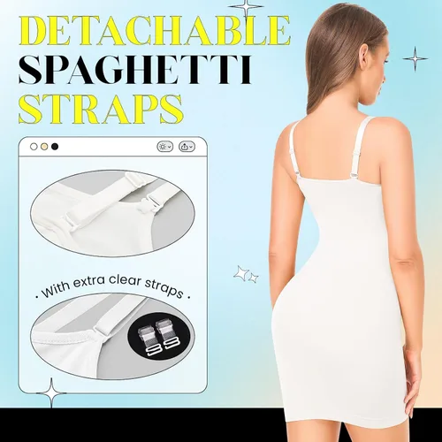 Vista 4 de Faja moldeadora para debajo de los vestidos, vestido con control de abdomen, moldeador de cuerpo, sin costuras, tirantes delgados, vestido camisola