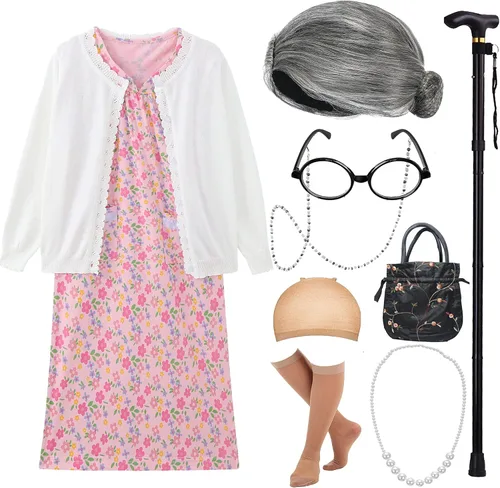 Vista 7 de EBYTOP 2023 Disfraz de anciana para niños, vestido de abuela, accesorios de Halloween para niña conjunto1-wh