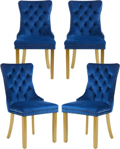 Vista 60 de Juego de 2 sillas de comedor de terciopelo, silla de comedor tapizada de alta gama con tirador de anillo en la espalda, adorno de clavos y patas
