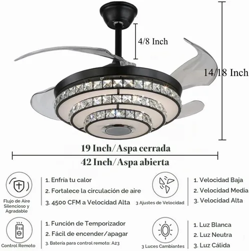 Vista 5 de Ventilador de techo de araña de 42 pulgadas con luz, ventiladores 7 colores regulables/Bluetooth/rotación bidireccional - Negro 2