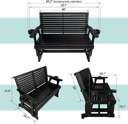 Vista 2 de Hamaca de patio Fortune Candy con portavasos, alta parte posterior enrollada y asiento perfilado profundo, resistente de 800 libras (Negro, 2 plazas)