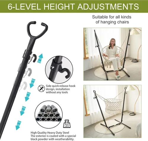 Vista 13 de Hamaca con soporte y soporte para teléfono incluido Silla colgante doble de macramé estilo boho hecha a mano, columpio ajustable para interiores