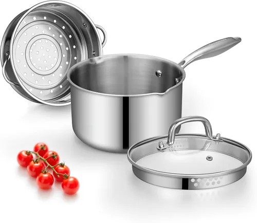 Vista 8 de Cyrosa Cacerola de 2.0 cuartos de galón con tapa, olla de acero inoxidable con tapa de colador, dos boquillas laterales para verter fácilmente