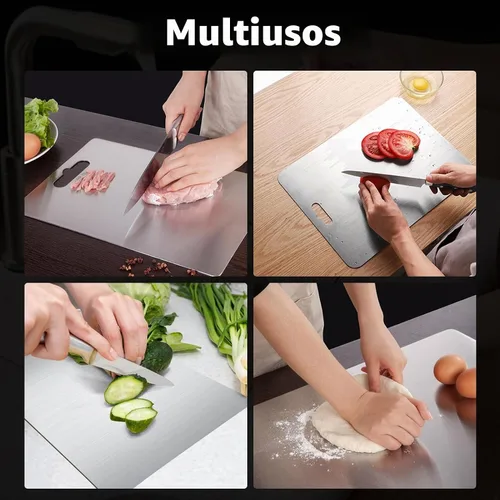 Vista 7 de Tabla de cortar de titanio, tablas de cortar de titanio para cocina, tabla de cortar de acero inoxidable de doble cara, duradera, no tóxica