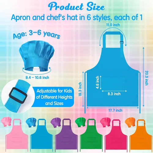 Vista 2 de Juego de delantal y sombrero de chef para niños, 6 piezas de delantal de cocina ajustable colorido para niñas y niños, juguete de simulación, regalo