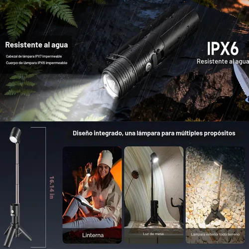 Vista 2 de Linterna AsFrost de 2 en 1 para acampar, lámpara doble con rotación de 180°, 8 modos, recargable, LED, luz brillante, linterna de campamento, luz