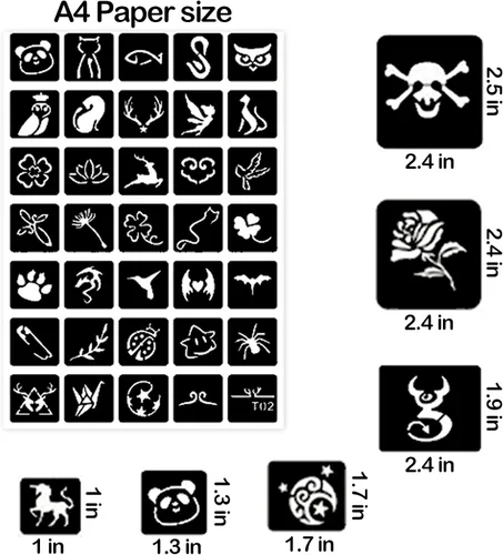 Vista 6 de Kit de plantillas de tatuaje de henna reutilizables para hombres y mujeres, más de 423 plantillas de tatuaje, plantilla de tatuaje con aerógrafo