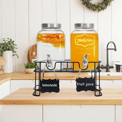 Vista 6 de Paquete de 2 dispensadores de bebidas de vidrio de 1 galón para fiestas - Dispensador de bebidas a prueba de fugas con soporte, grifo, cilindro