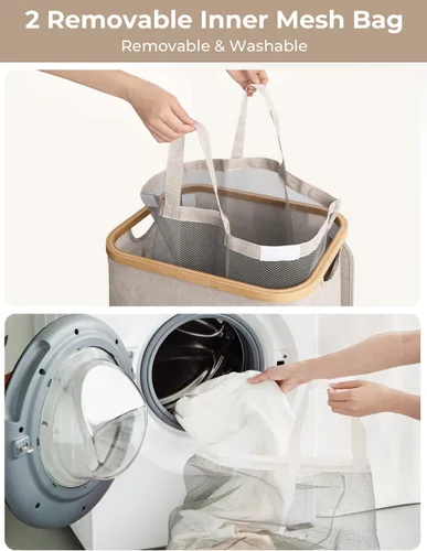 Vista 3 de StorageWorks Cesta grande para ropa sucia de 100 litros con tapa, cesta alta para ropa con asas de bambú y 2 bolsas interiores extraíbles, cestas