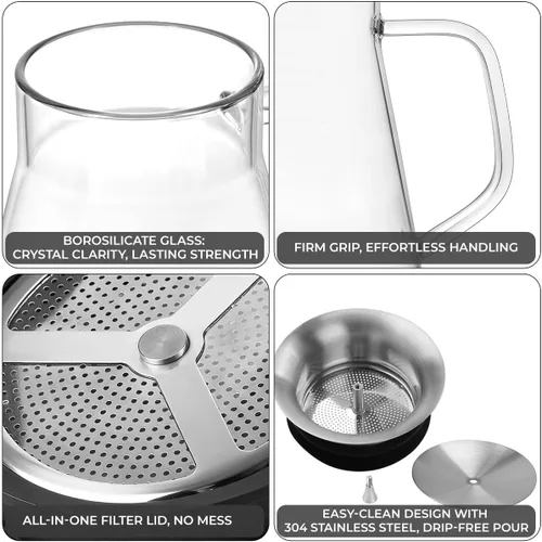 Vista 5 de Aquach Tetera de vidrio de 27 onzas con tapa de filtro inteligente, hervidor de té de vidrio de borosilicato seguro para estufas con infusor