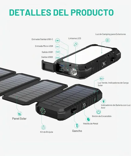 Vista 7 de BLAVOR - Banco de energía solar con 4 paneles plegables, cargador portátil de 20000 mAh Negro