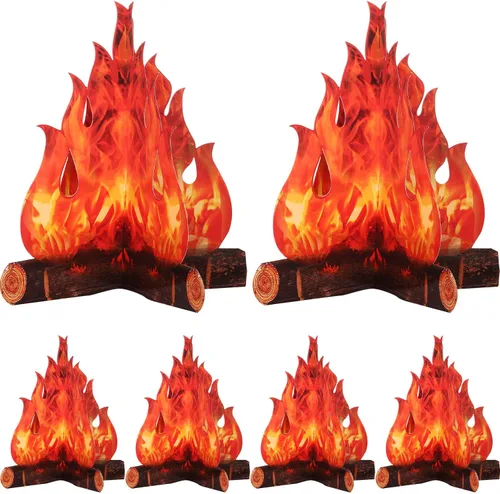 Vista 7 de Boao Juego de 6 decoraciones de llama falsa de fuego falso, decoración de campamento de cartón 3D, llamas artificiales, decoraciones de fuego