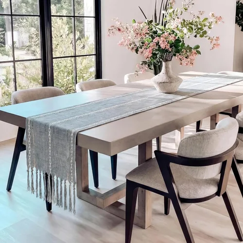 Vista 14 de Decoración de Granja Camino de Mesa Bohemio con Macramé, Elegante Camino de Mesa de Café Beige Marrón 48 Pulgadas de Largo, Decoración Rústica