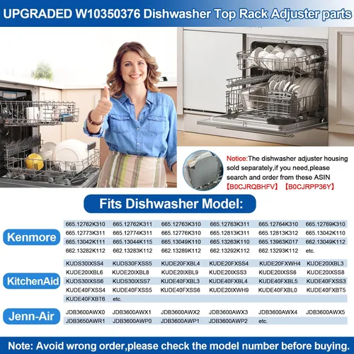 Vista 4 de Piezas de ajustador de estante superior para lavavajillas W10350376 para Whirlpool Kenmore W10195840 KUDS30IXSS4 Parte superior del estante