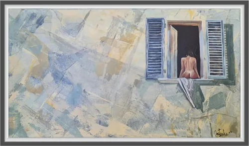 Vista 3 de Mujer en la ventana" Grabado digital intetervenido Pintura hecha a mano, acrílico sobre lienzo, arte de pared abstracto, pieza única firmada por