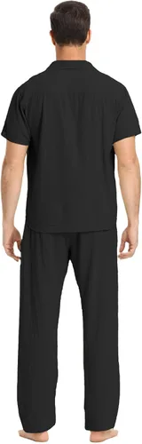 Vista 4 de RPOVIG Conjunto de camisa de lino y pantalones conjuntos de lino de 2 piezas para hombre, camisas de manga corta, pantalones de yoga, trajes