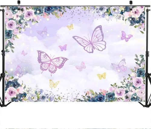 Vista 3 de Mocsicka Fondo de mariposa violeta - Fondo de decoración de fiesta de niña floral púrpura - Boda, cumpleaños, baby shower - 6 x 4 pies