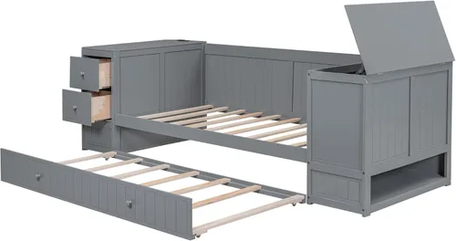 Vista 4 de Merax - Sofá cama de tamaño individual con nido, brazos de almacenamiento y estación de carga, marco de cama de madera gris para dormitorio