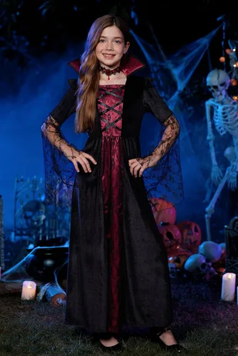 Vista 6 de Disfraz de vampiro de Halloween para niñas, 5 piezas, vestido gótico