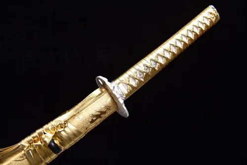Vista 8 de Katana de calavera dorada hecha a mano de acero 1060 de alto carbono, hoja de espiga completa, espada samurái, cuchillos japoneses realmente