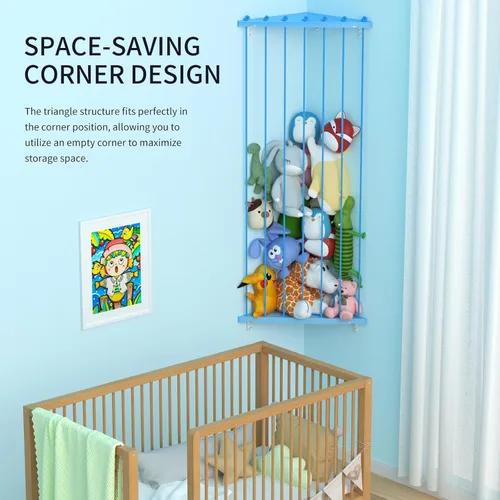 Vista 4 de Red de almacenamiento de animales de peluche de esquina – Soporte para animales de peluche con luces – Organizador de felpa colgante hamaca de Azul