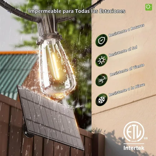 Vista 4 de KYY Luces de cadena solares de 54 (48+6) pies para exteriores con puerto USB y control remoto, impermeables e irrompibles para patio con panel