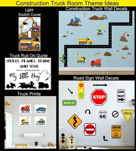 Vista 5 de Calcomanías de pared para camiones de construcción, calcomanías de pared para niños, vehículos de tractor, construcción de calle, vinilo